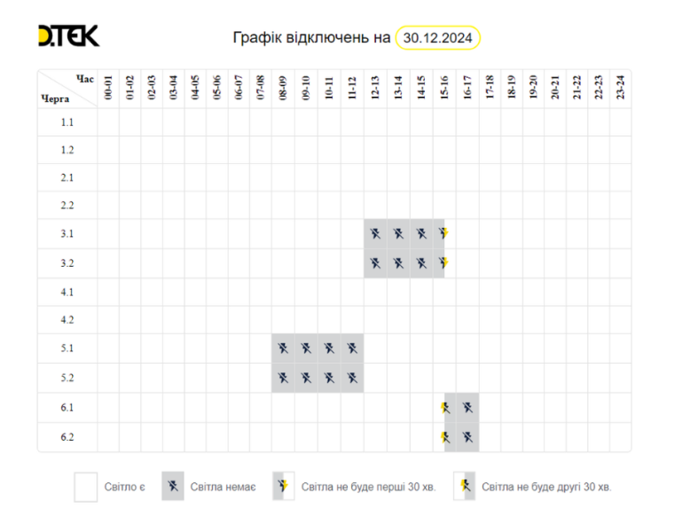 Відключення світла в Києві та області 30 грудня: як діють графіки