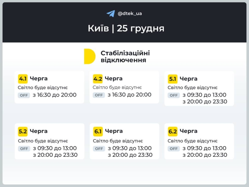 Відключення світла в Києві та області 25 грудня: як діють графіки (оновлено)