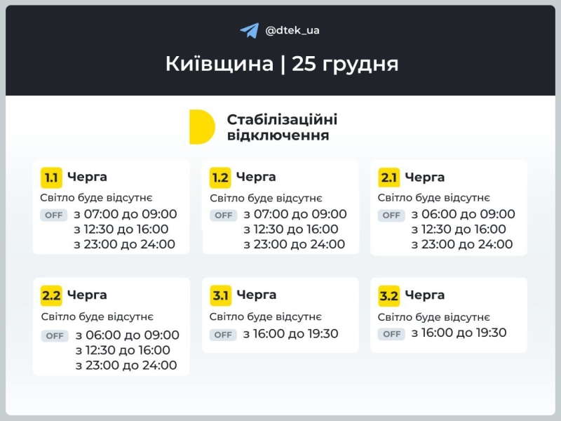 Відключення світла в Києві та області 25 грудня: як діють графіки (оновлено)