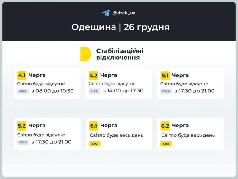 Графік відключення електроенергії на 26 грудня: коли не буде світла у четвер