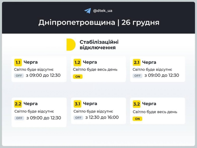 Графік відключення електроенергії на 26 грудня: коли не буде світла у четвер