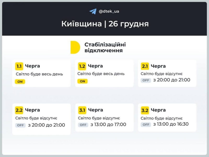 Графік відключення електроенергії на 26 грудня: коли не буде світла у четвер