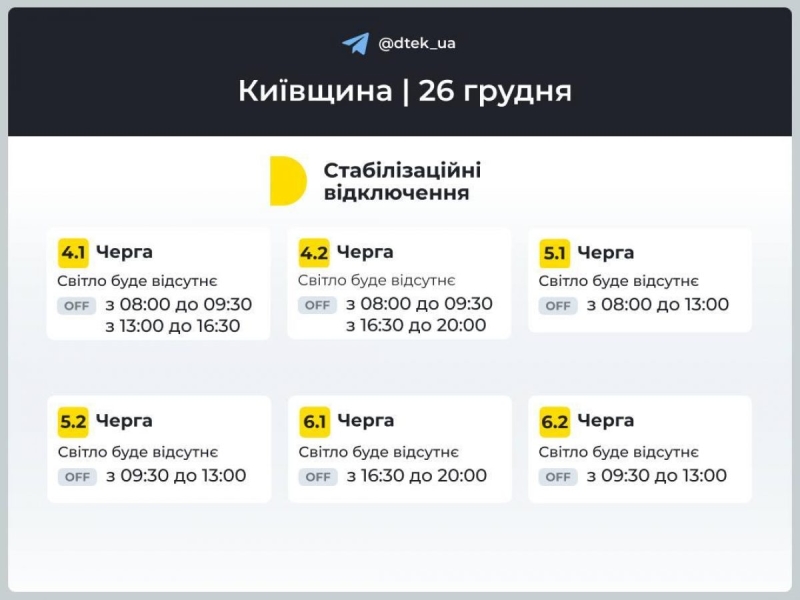 Графік відключення електроенергії на 26 грудня: коли не буде світла у четвер