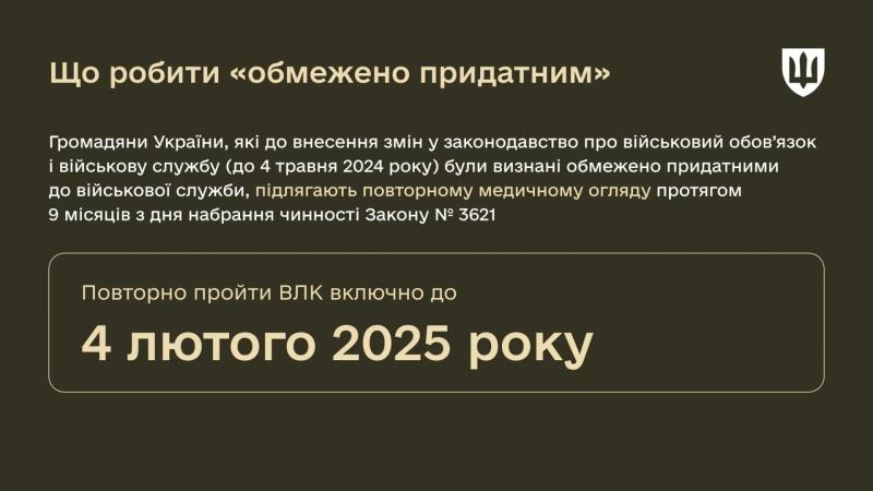 «Обмежено придатні» мають повторно пройти ВЛК до 4 лютого – роз’яснення Міноборони