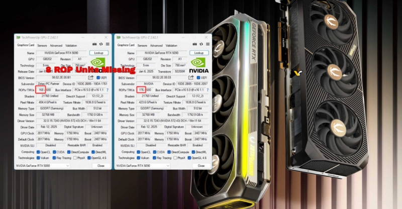 NVIDIA «зажала» ядра: деякі RTX 5090 мають чипи з меншою кількістю блоків ROP та на 5-6% гіршою продуктивністю