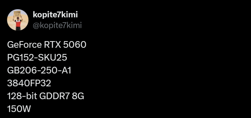 NVIDIA RTX 5060 приблизно на 20% повільніша за Ti — характеристики з’явилися у мережі