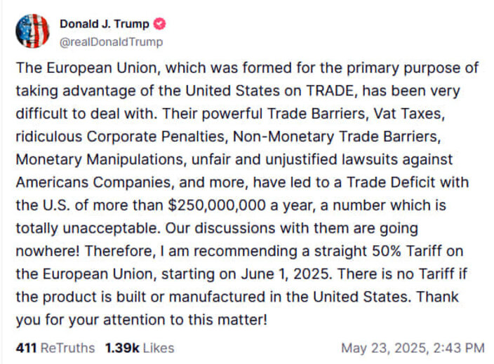 Трамп запропонував 50% мито на імпорт товарів з ЄС з 1 червня