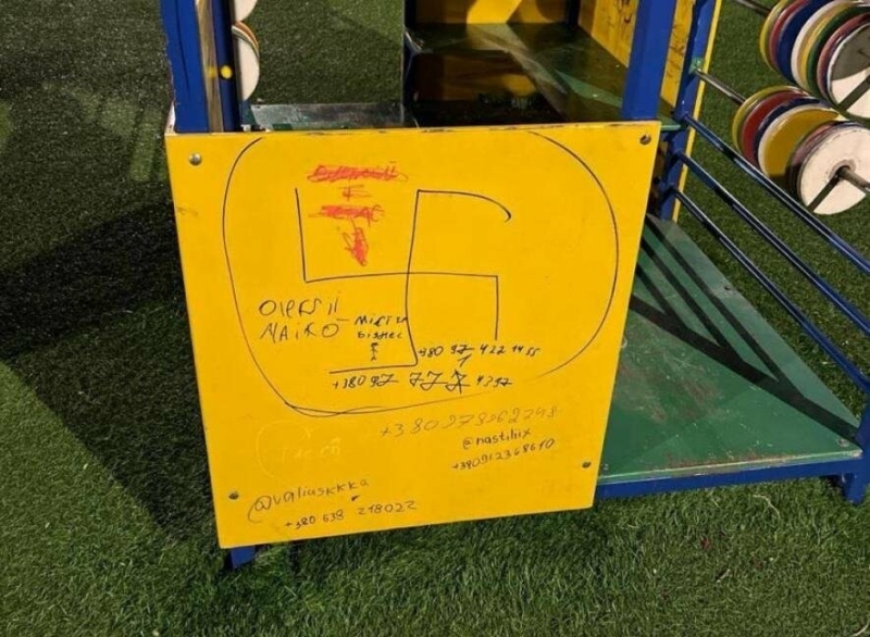 "Ніхто не контролює своїх дітей": на Тернопільщині нацистськими символами дитячий майданчик (ФОТОФАКТ)