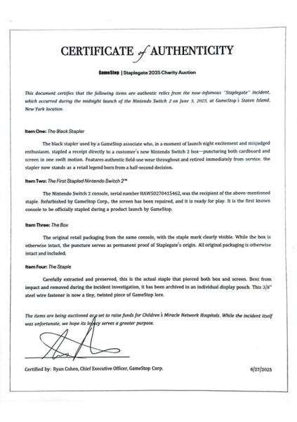 "Staplegate": пошкоджений працівником StopGame Nintendo Switch 2 пішов з молотка за $250 000