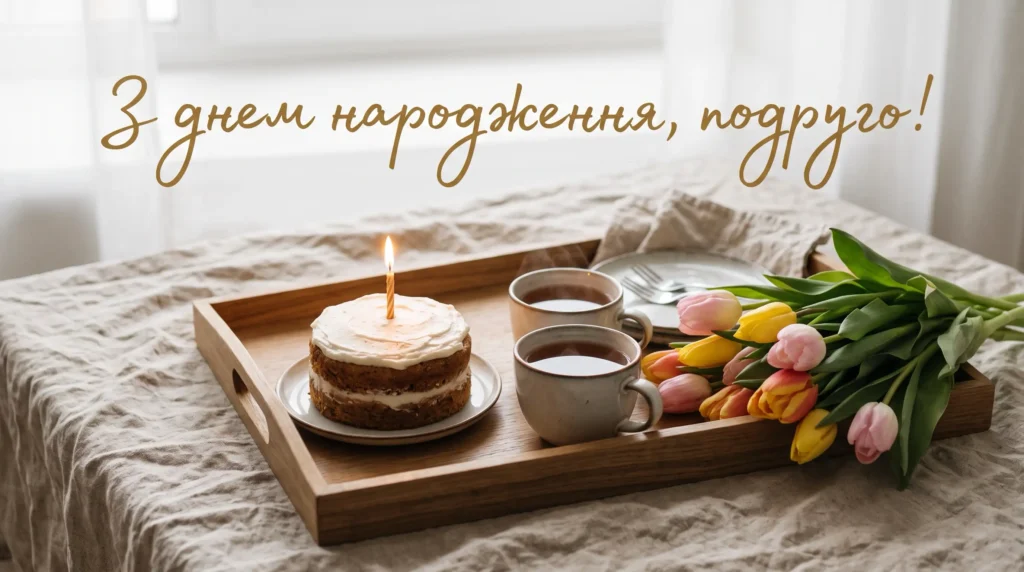 Квіти та душевні привітання з днем народження подрузі: тюльпани, торт зі свічкою та чай