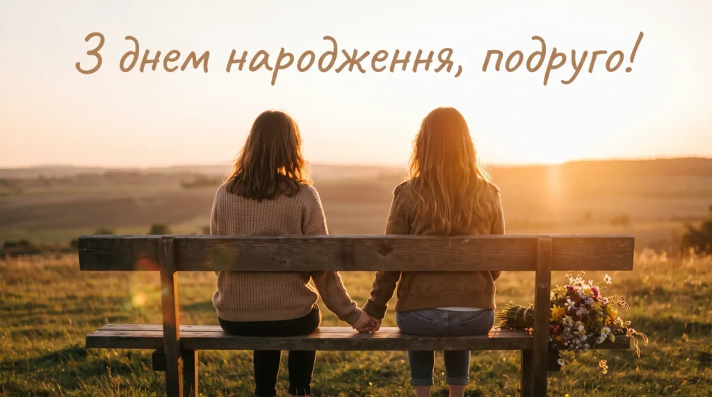 Зворушливі привітання з днем народження подрузі своїми словами: дві подруги на лавці на заході сонця