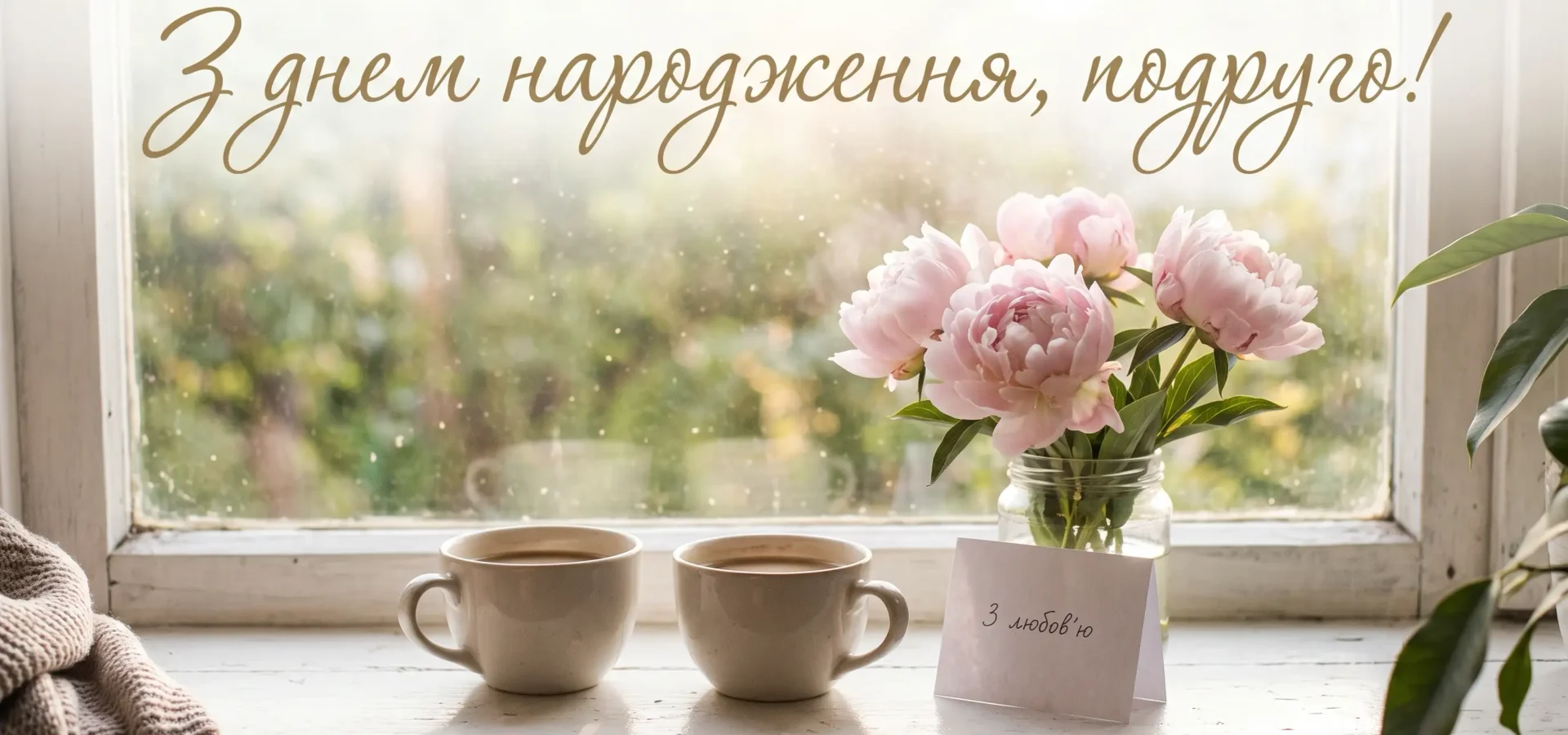 Зворушливі привітання з днем народження подрузі картинки: кава, півонії та листівка