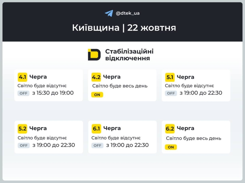 Відключення світла на Київщині 22 жовтня 2025. ДТЕК оновив графіки