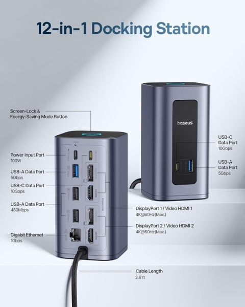 Дванадцять портів на будь-який випадок: Baseus випустила багатофункціональну док-станцію Nomos NU1 Air Spacemate з підтримкою підключення двох 4K-дисплеїв