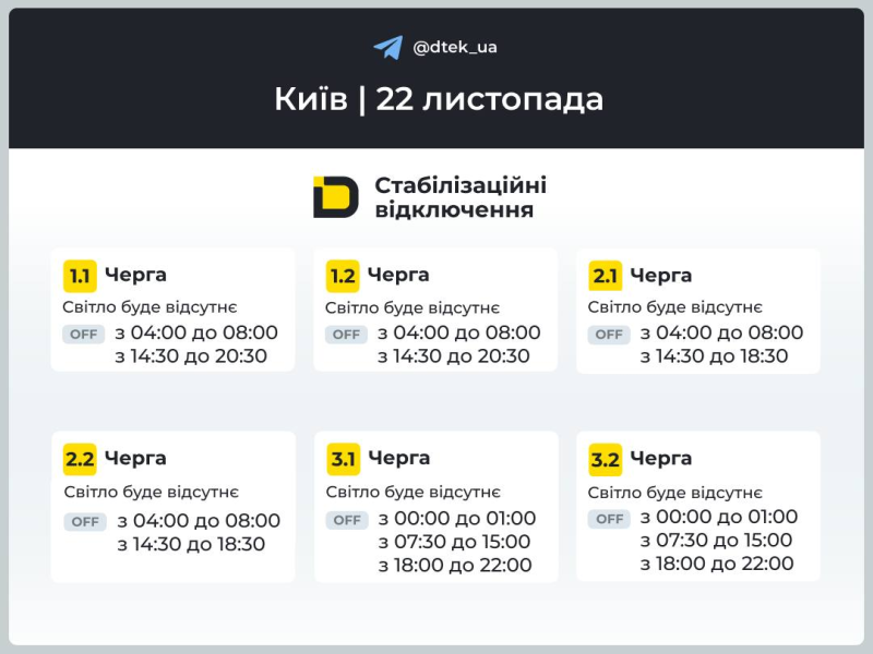 Київ: графіки відключення світла 22 листопада 2025 року