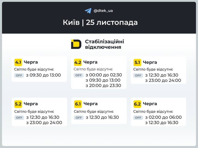 Київ: графіки відключення світла 25 листопада 2025 року