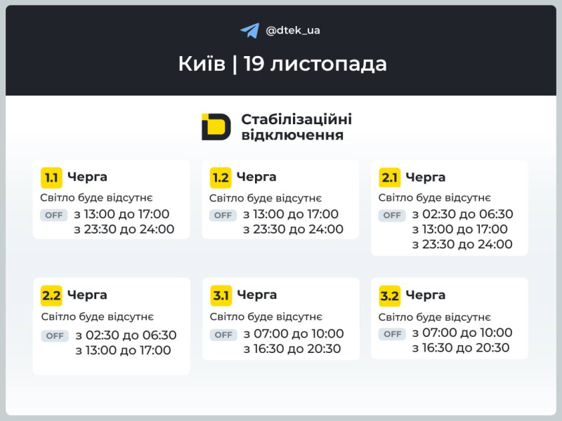 Київ: графіки відключення світла 19 листопада 2025 року
