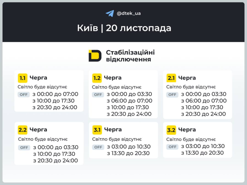 Київ: графіки відключення світла 20 листопада 2025 року
