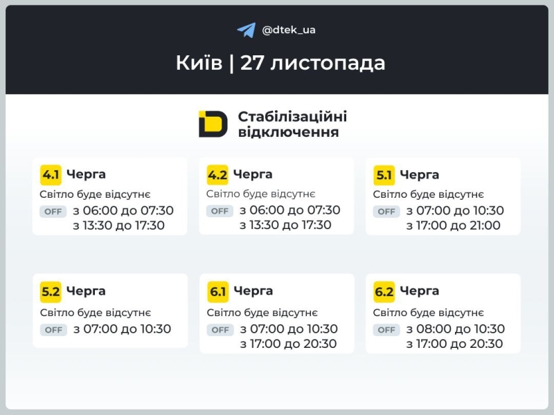 Київ: графіки відключення світла 27 листопада 2025 року