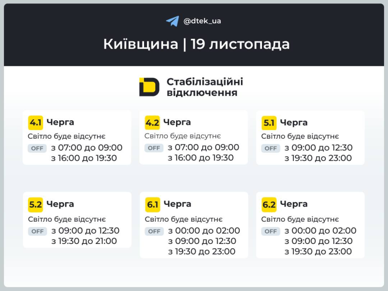 Київщина: графіки відключення світла 19 листопада 2025 року