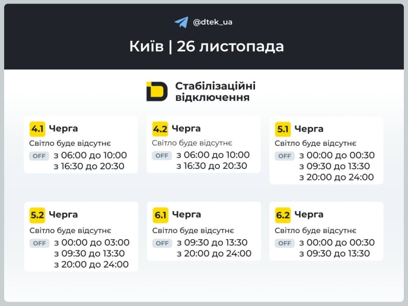 Київ: графіки відключення світла 26 листопада 2025 року