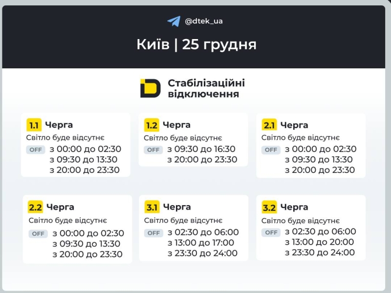 Київ: графіки відключення світла 25 грудня 2025 року