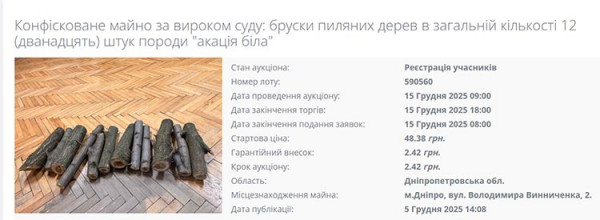 Конфіскат: у Дніпрі на аукціон виставили 12 брусків акації