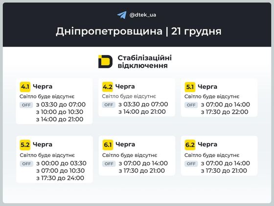Що день прийдешній подарує: графіки подачі світла у Придніпров'ї в неділю, 21 грудня