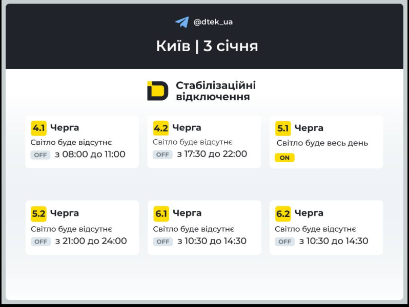 Київ: графіки відключення світла 3 січня 2026 року