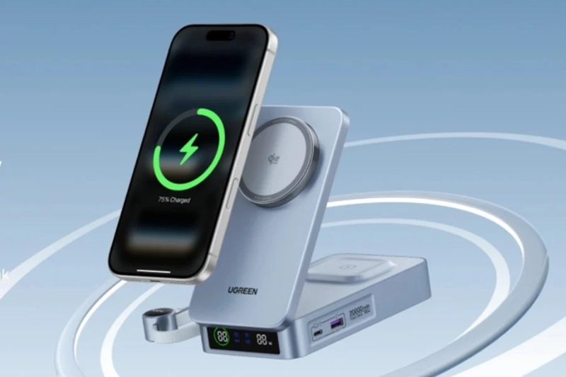 Ugreen випустила багатофункціональну складну зарядну станцію MagFlo 2‑в‑1 MagSafe з підтримкою Qi2 і вбудованим акумулятором на 20000 мАг