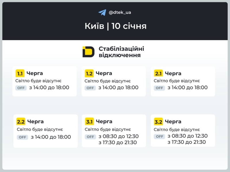 Київ: графіки відключення світла 10 січня 2026 року