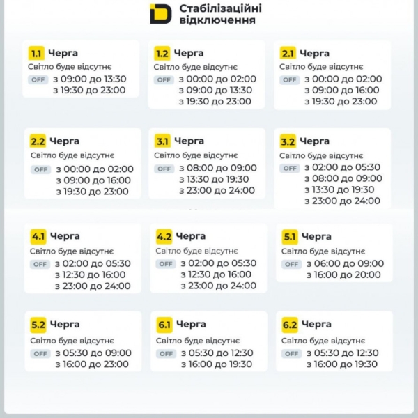Графіки подачі електроенергії у Січеславщині в четвер, 8 січня
