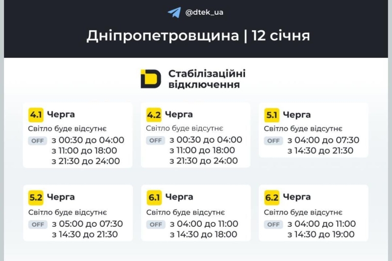 ОСТАННІ НАРАЗІ ОПРИЛЮДНЕНІ ГРАФІКИ ВІДКЛЮЧЕННЯ СВІТЛА У ДНІПРІ ТА ОБЛАСТІ НА ПОНРЕДІЛОК 12 СІЧНЯ (Для всіх груп (черг) ДТЕК та ЦЕК)