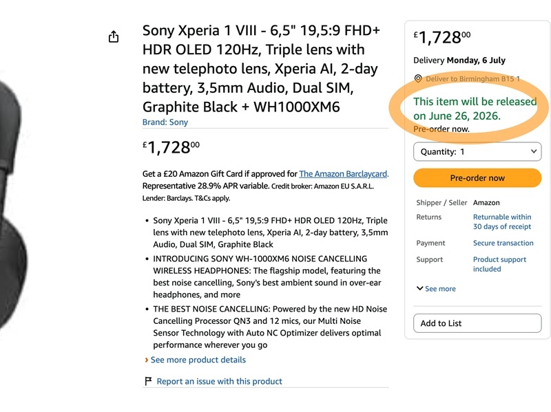 Витік з Amazon розкрив дату старту продажів і ціну флагманського смартфона Sony Xperia 1 VIII