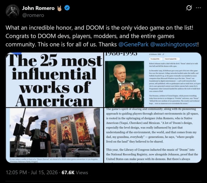 Легендарний шутер DOOM увійшов до списку з двадцяти п'яти &ldquo;найвпливовіших творів американської культури&rdquo;