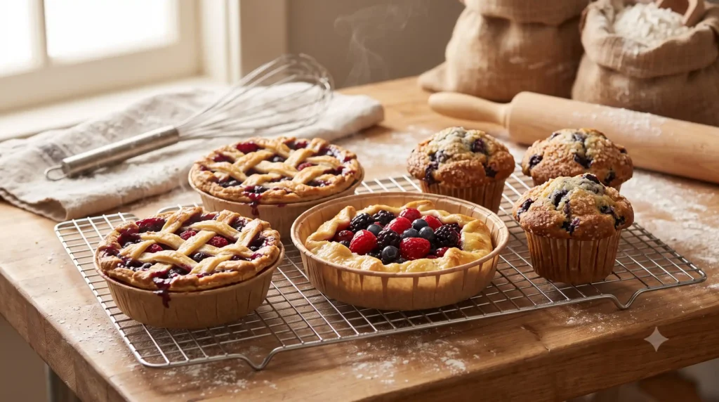 Бумажные формы для выпечки Good Baking: свежие пироги и маффины в крафтовых формах на столе пекарни