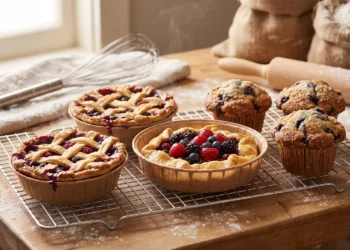 Бумажные формы для выпечки Good Baking: свежие пироги и маффины в крафтовых формах на столе пекарни