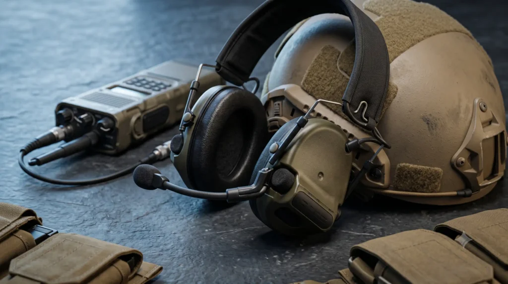 Активні навушники 3M Peltor ComTac на тактичному шоломі поряд із радіостанцією та спорядженням