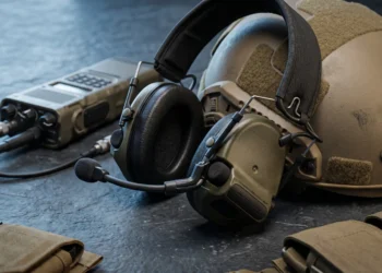 Активні навушники 3M Peltor ComTac на тактичному шоломі поряд із радіостанцією та спорядженням