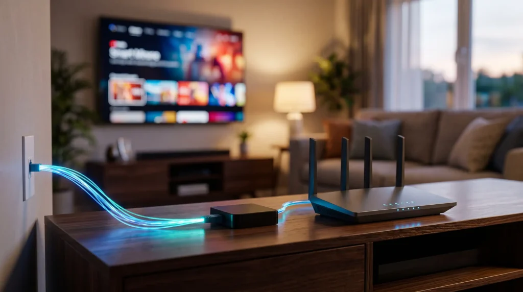 Оператор зв'язку Maxnet: оптоволоконний інтернет і Wi-Fi роутер із Web TV у сучасній вітальні